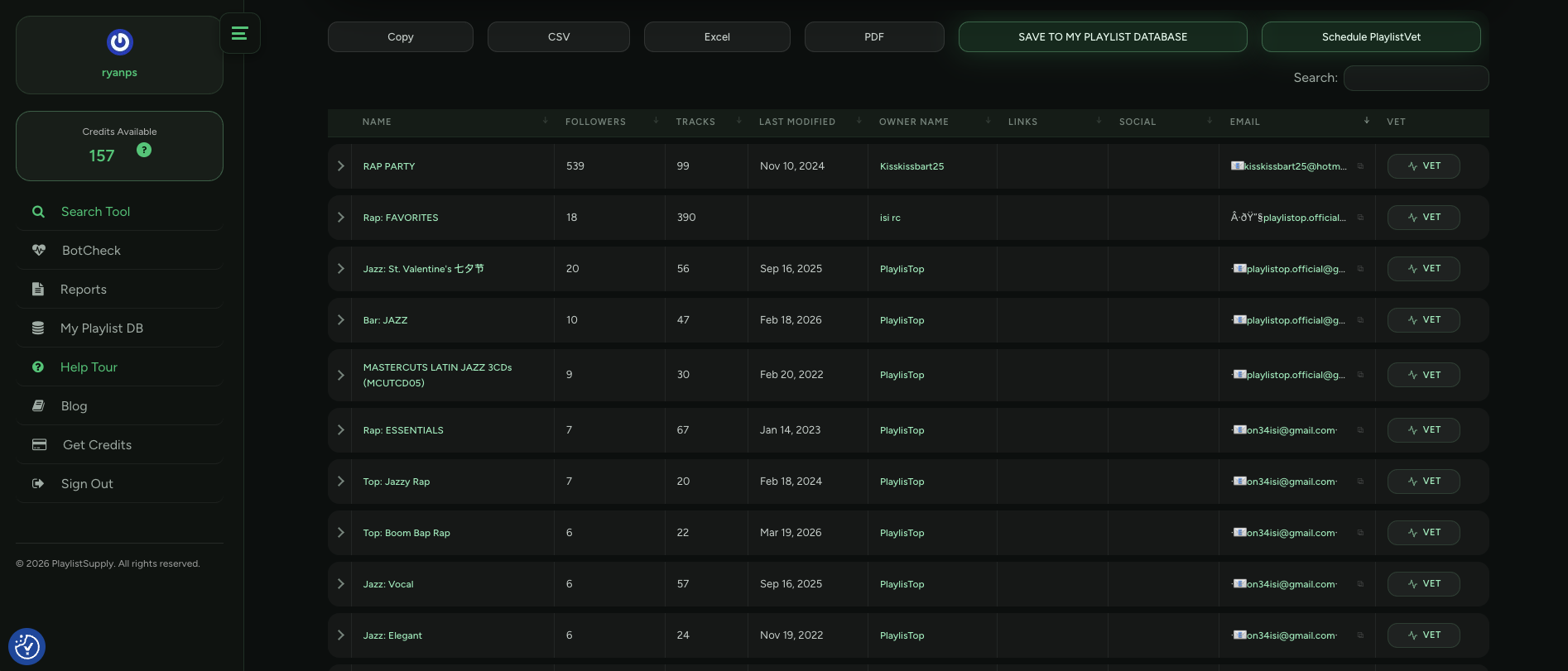 PlaylistSupply search results showing playlist curator names and email contacts with the Save To My Playlist Database button