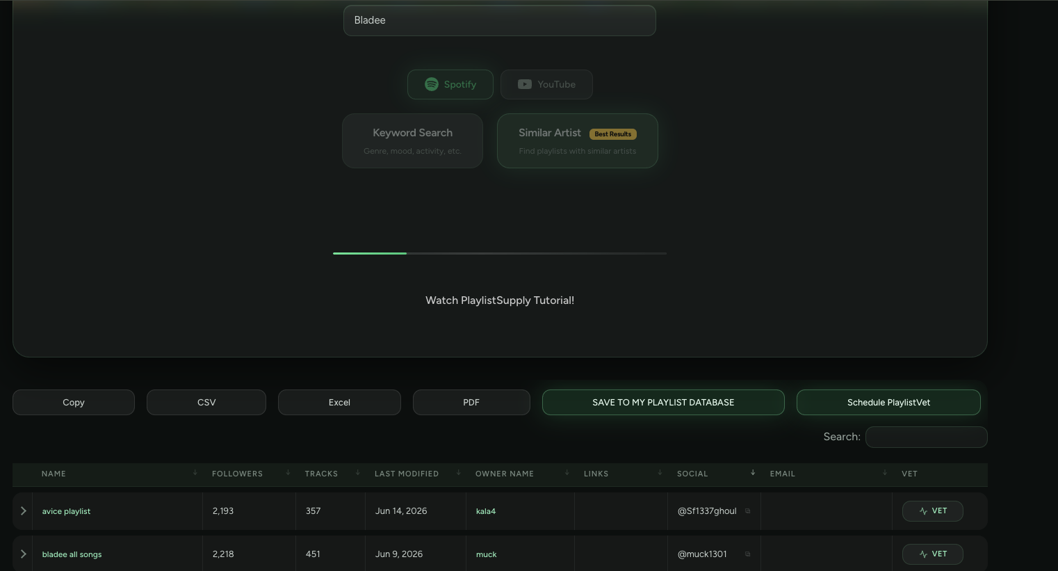 Searching PlaylistSupply for playlist curators and their contact details with VET quality checks