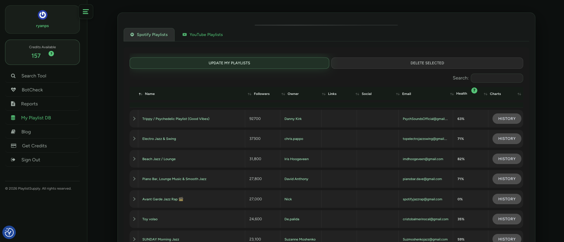My Playlist DB in PlaylistSupply showing saved Spotify playlist curators with follower counts, health scores and contact details