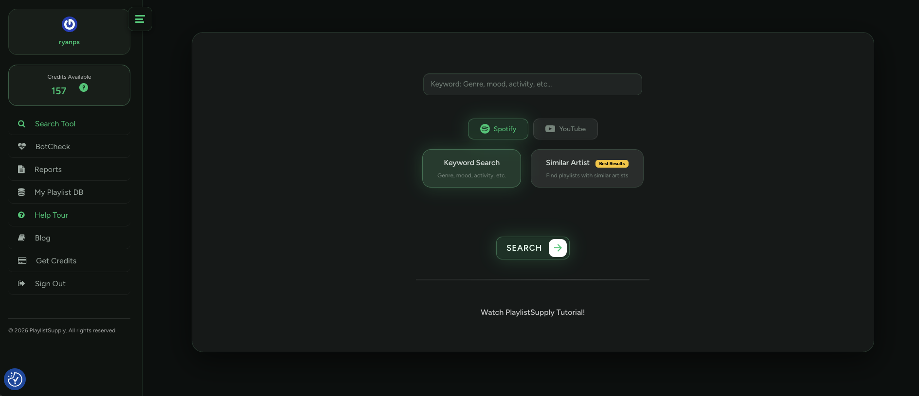 PlaylistSupply search portal with Keyword Search and Similar Artist search modes and a Spotify and YouTube toggle