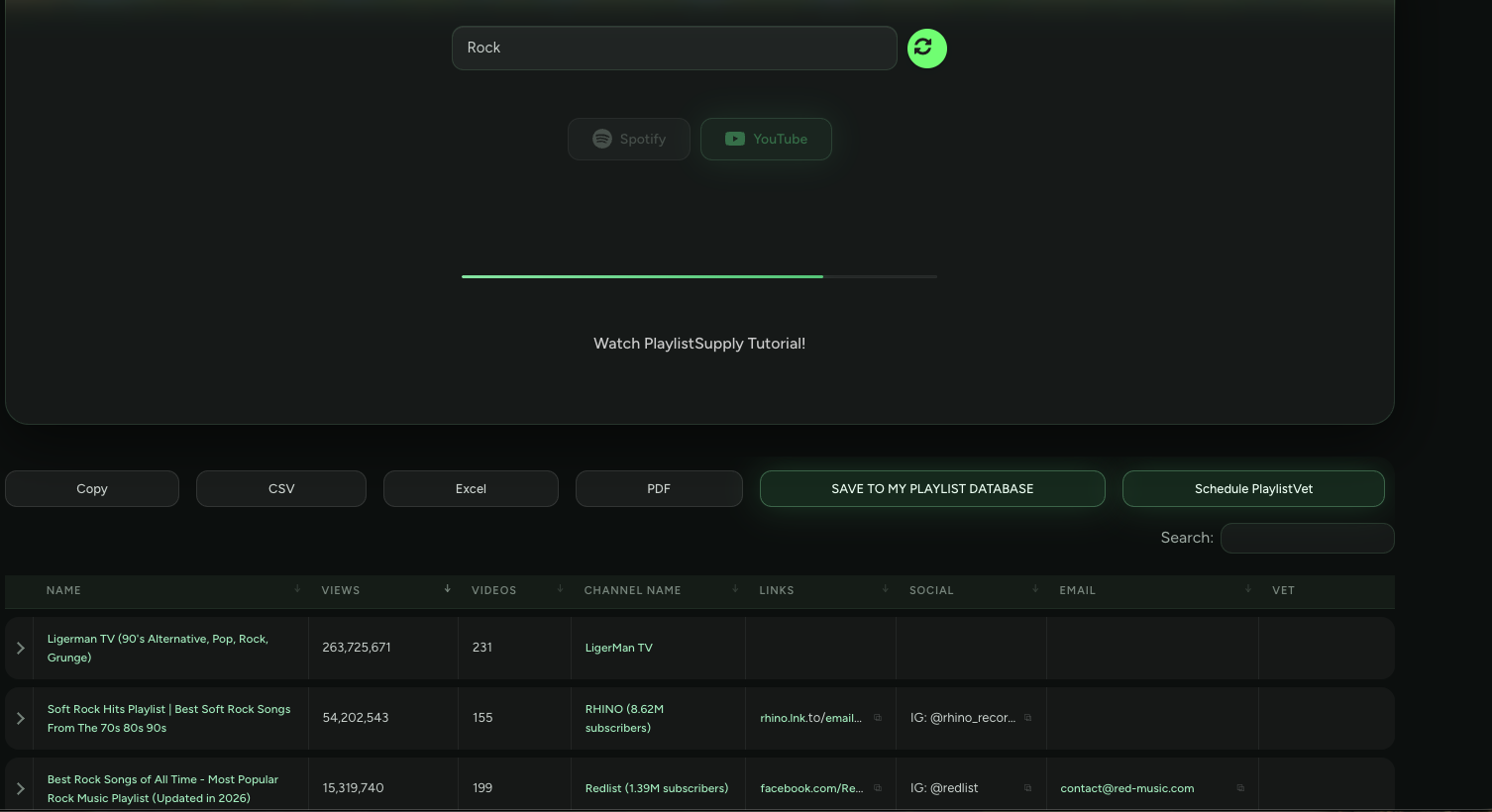 PlaylistSupply YouTube playlist search results showing views, video counts, channel names and curator email contacts